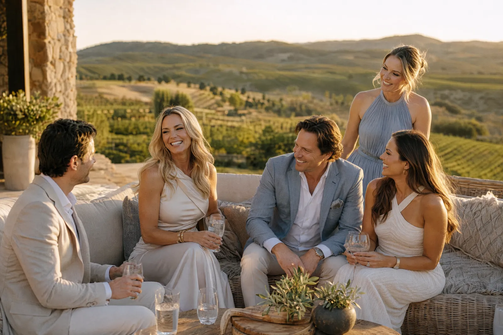 A small group of friends relaxing together on a Temecula wine-country patio at golden hour
