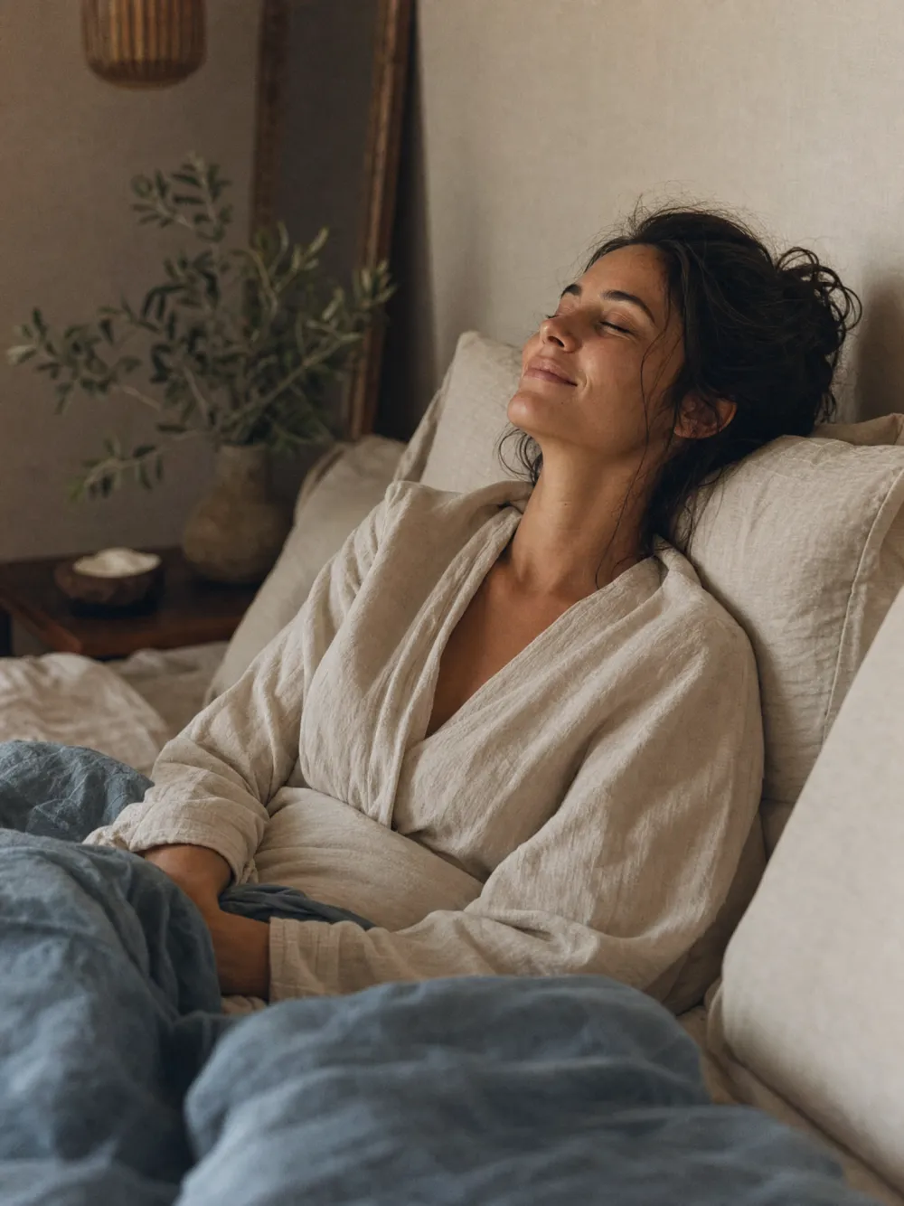 A person reclining against pillows in a dim, restful bedroom in warm neutral tones